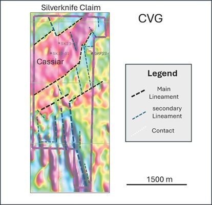 Calculated Vertical Gradient (CVG) with lineament interpretation of the Silverknife region (after Precision, 2024).