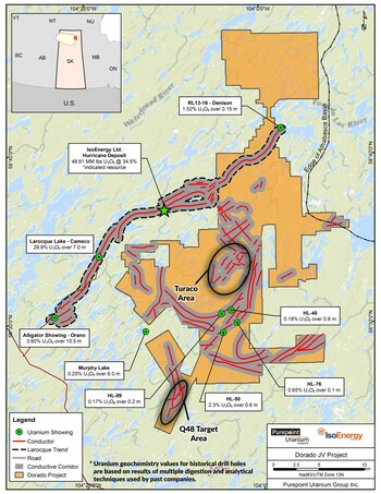Figure 1: Location of the Q48 and Turaco Target areas, the initial focus of the 2025 drill program, highlighted. (CNW Group/IsoEnergy Ltd.)